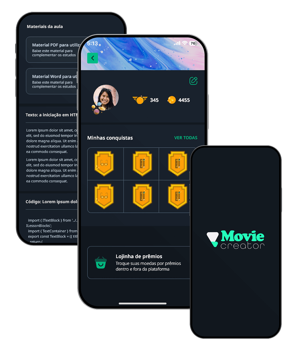 Telas do aplicativo do movie creator do aluno